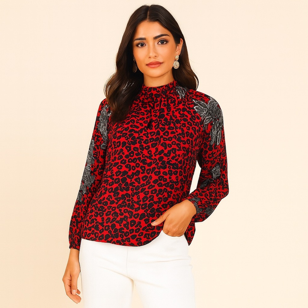 IMAN Global Chic Mock Neck Balloon Sleeve Leopard Print Blouse